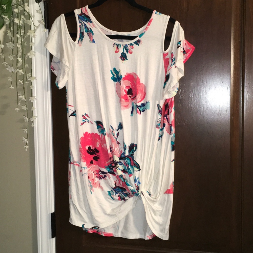 Reborn J White Cold-Shoulder Tunic with Pink Floral and Teal Accents